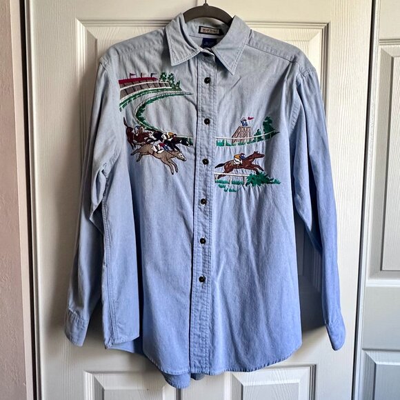 Vintage Ruff Hewn Men's Medium DIY Derby Horse Race Embroidered Denim Shirt - Picture 2 of 9